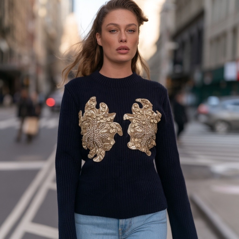 Y/Project Wool Sweater Glenn Martens Fall 2018 Navy w Gold Jewel Detail Medium